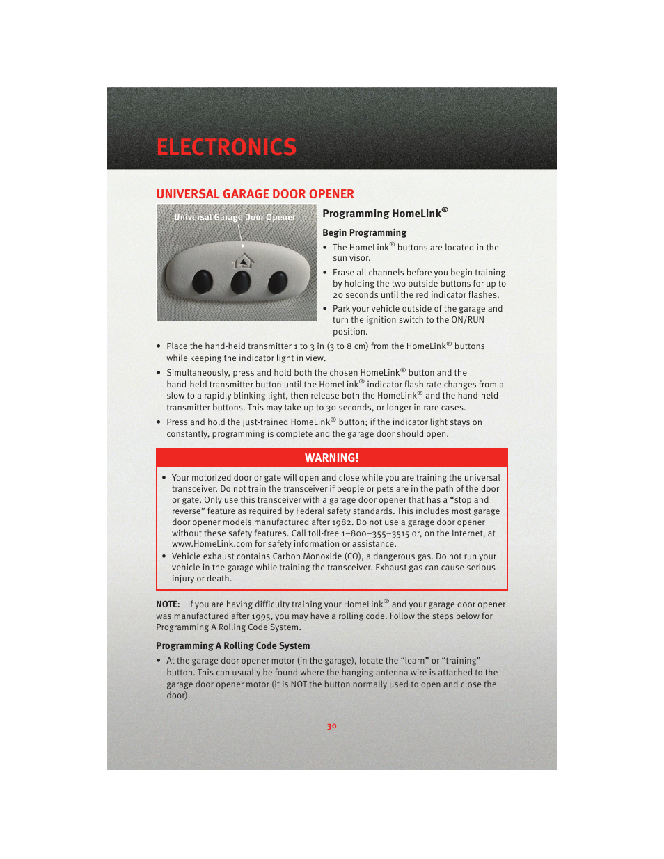 Universal garage door opener, Programming homelink, Electronics | Warning | Dodge 2010 Nitro - User Guide User Manual | Page 32 / 72
