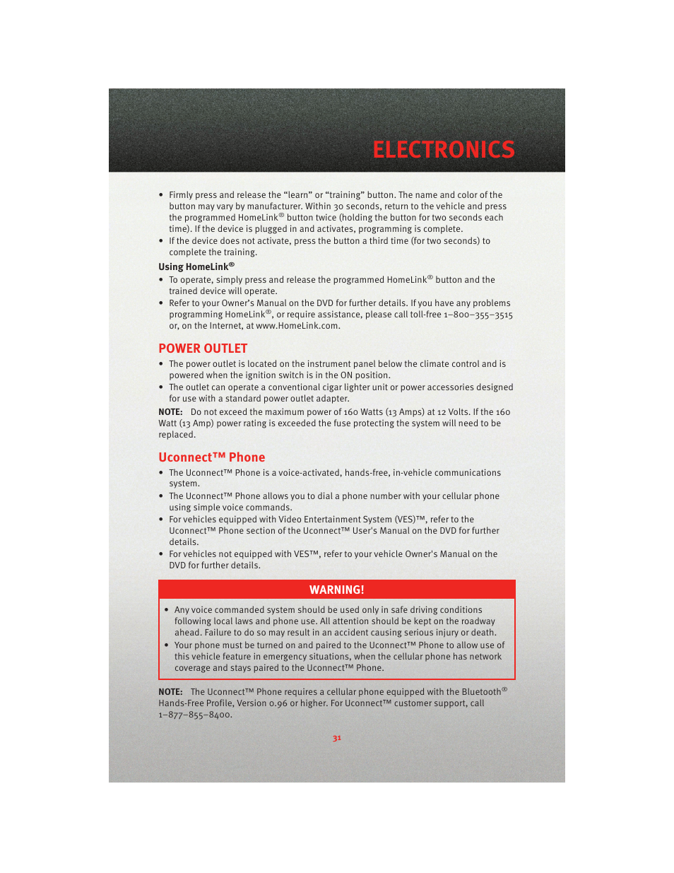 Power outlet, Uconnect™ phone, Electronics | Warning | Dodge 2010 Nitro - User Guide User Manual | Page 33 / 72