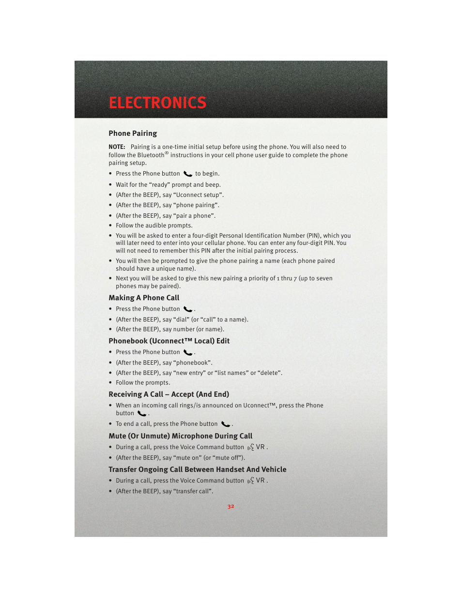 Phone pairing, Making a phone call, Phonebook (uconnect™ local) edit | Receiving a call – accept (and end), Mute (or unmute) microphone during call, Transfer ongoing call between handset and vehicle, Electronics | Dodge 2010 Nitro - User Guide User Manual | Page 34 / 72