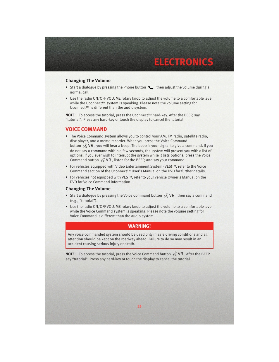 Changing the volume, Voice command, Electronics | Dodge 2010 Nitro - User Guide User Manual | Page 35 / 72