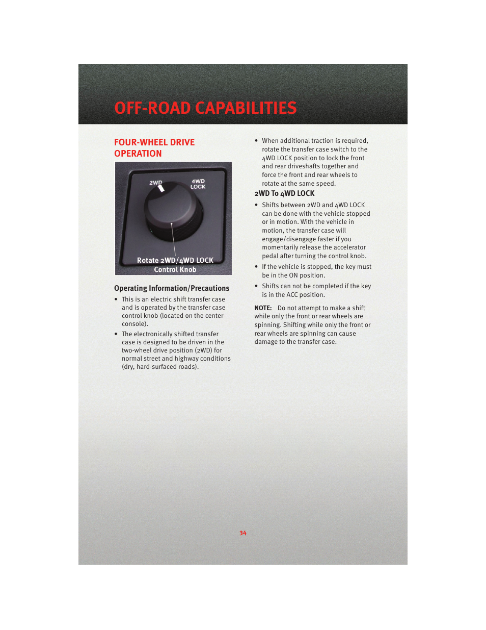 Off-road capabilities, Four-wheel drive operation | Dodge 2010 Nitro - User Guide User Manual | Page 36 / 72