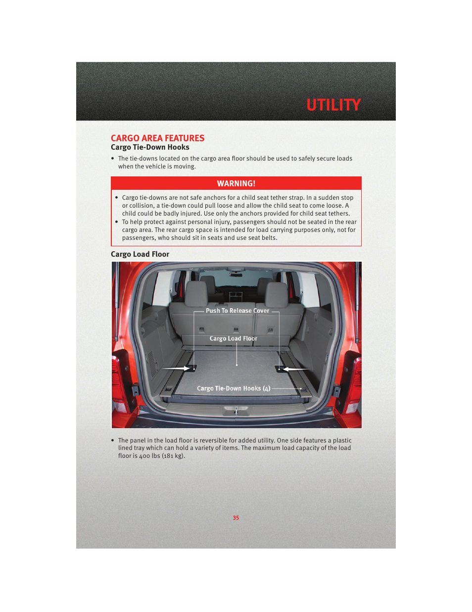 Utility, Cargo area features, Cargo tie-down hooks | Cargo load floor | Dodge 2010 Nitro - User Guide User Manual | Page 37 / 72