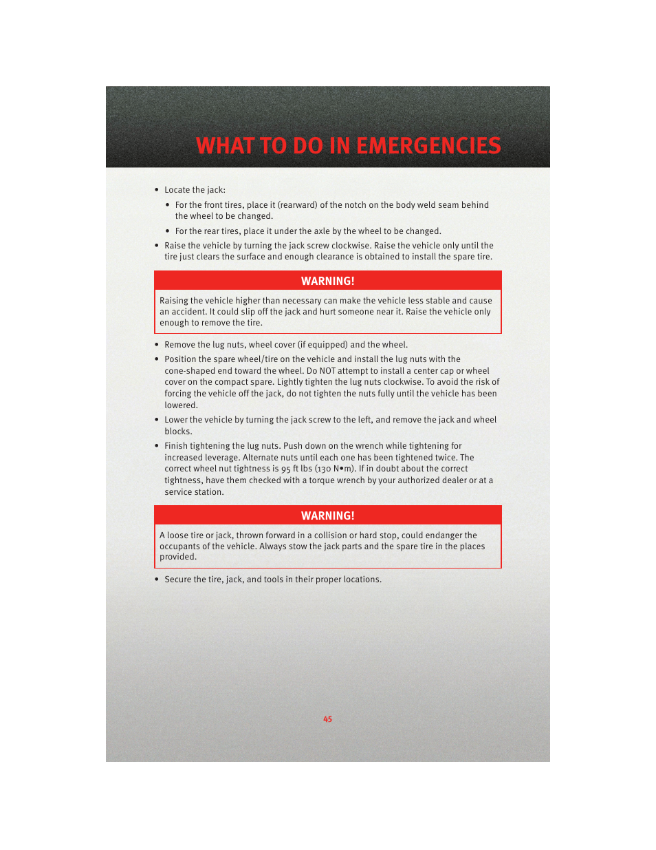What to do in emergencies | Dodge 2010 Nitro - User Guide User Manual | Page 47 / 72