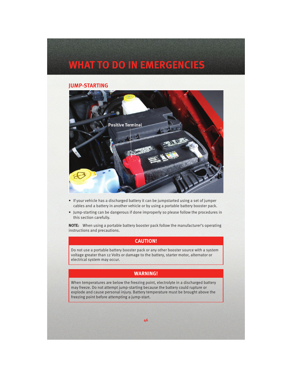 Jump-starting, What to do in emergencies | Dodge 2010 Nitro - User Guide User Manual | Page 48 / 72