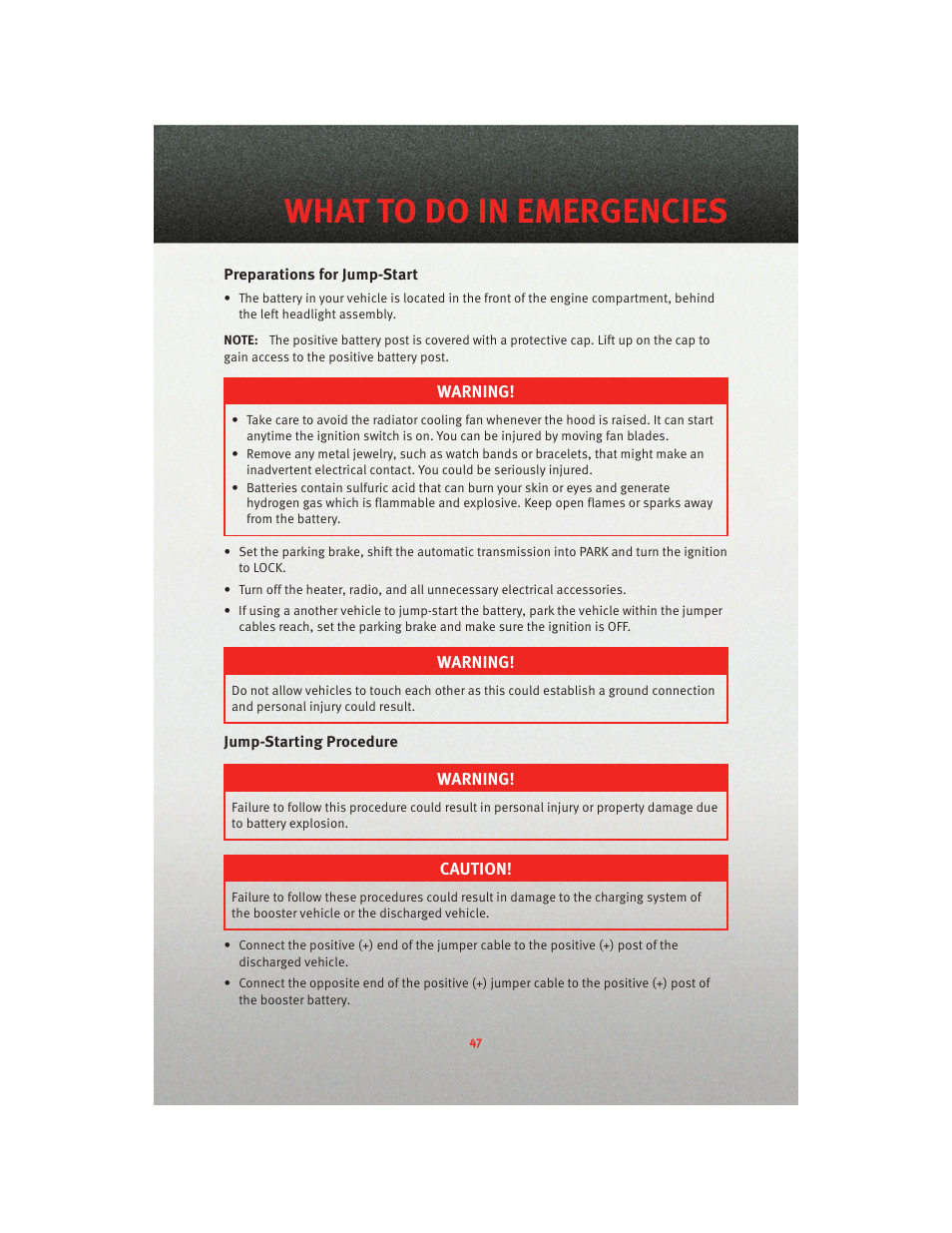 Preparations for jump-start, Jump-starting procedure, What to do in emergencies | Dodge 2010 Nitro - User Guide User Manual | Page 49 / 72