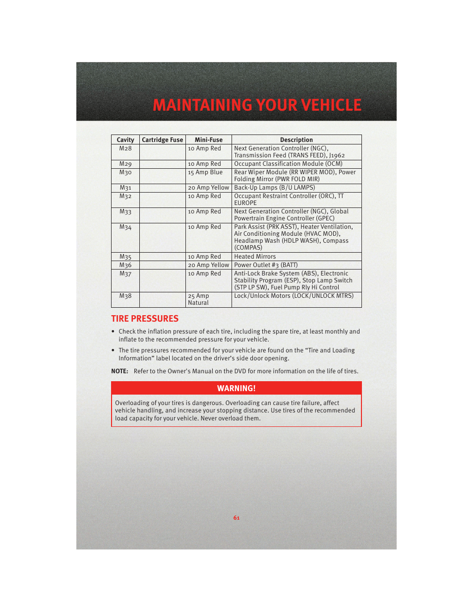 Tire pressures, Maintaining your vehicle | Dodge 2010 Nitro - User Guide User Manual | Page 63 / 72
