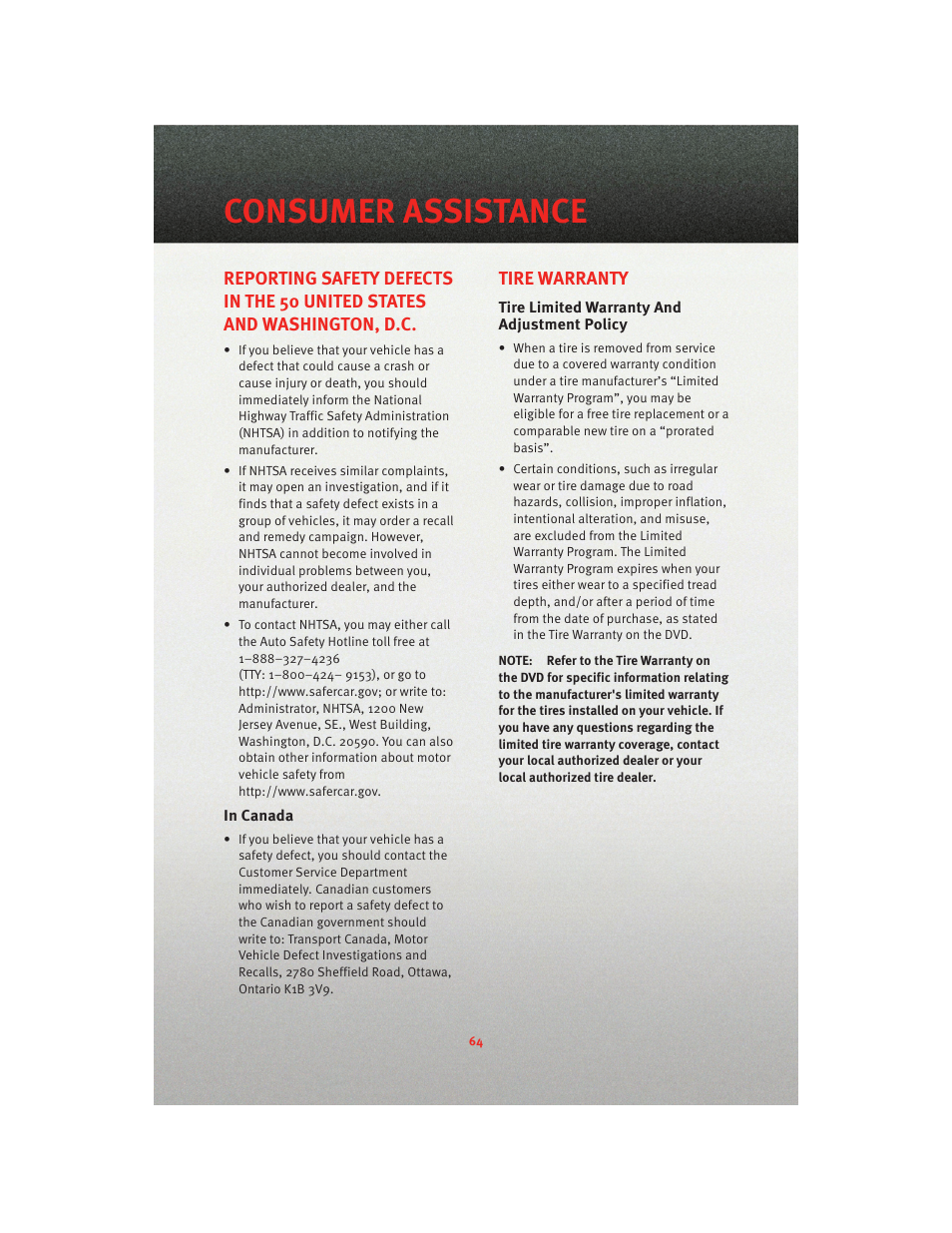 In canada, Tire warranty, Tire limited warranty and adjustment policy | Consumer assistance | Dodge 2010 Nitro - User Guide User Manual | Page 66 / 72