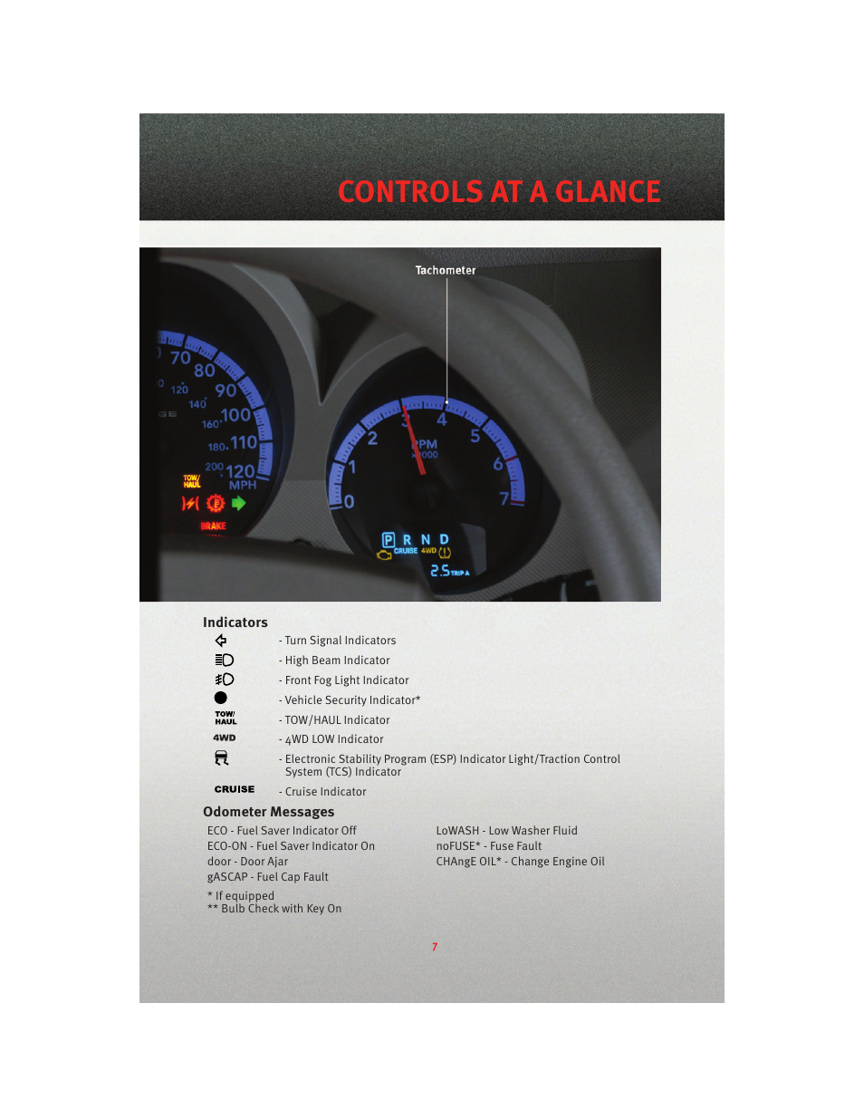 Indicators, Odometer messages, Controls at a glance | Dodge 2010 Nitro - User Guide User Manual | Page 9 / 72