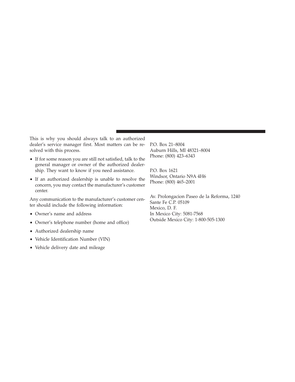 Chrysler group llc customer center, Chrysler canada inc. customer center, In mexico contact | Dodge 2010 Viper - Owner Manual User Manual | Page 292 / 315