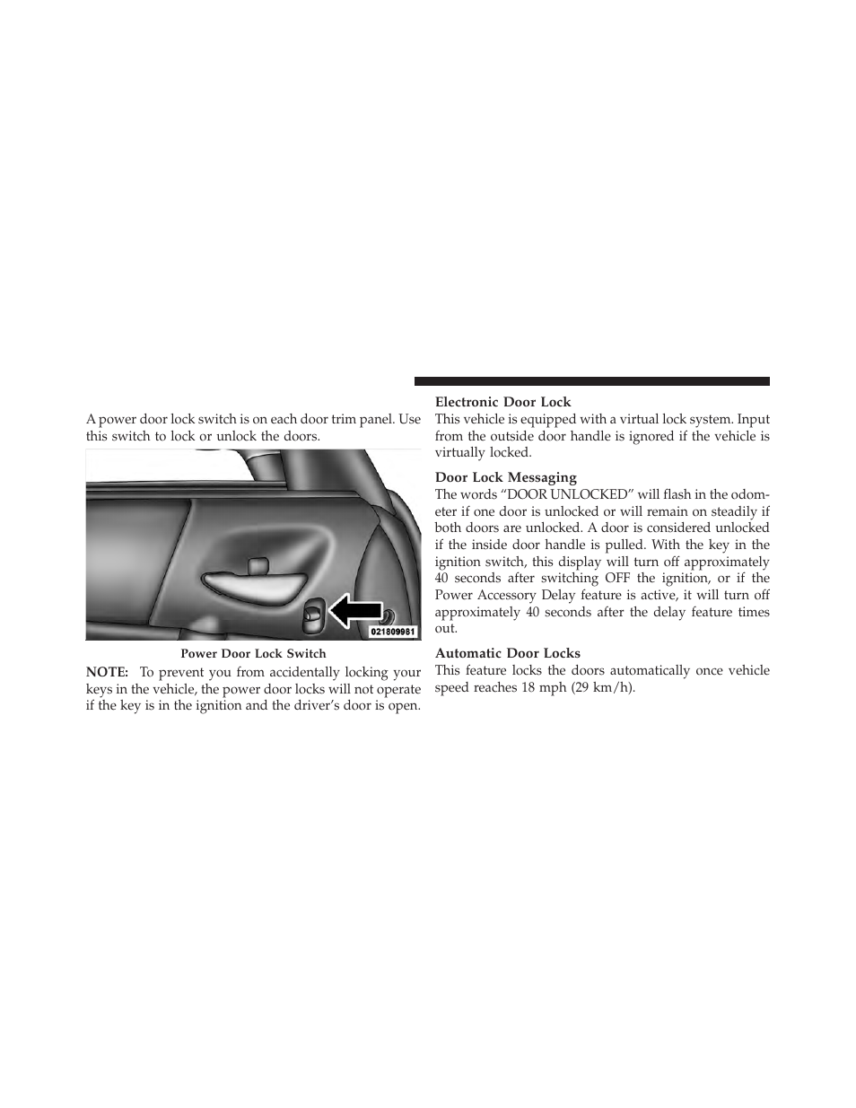 Power door locks | Dodge 2010 Viper - Owner Manual User Manual | Page 30 / 315