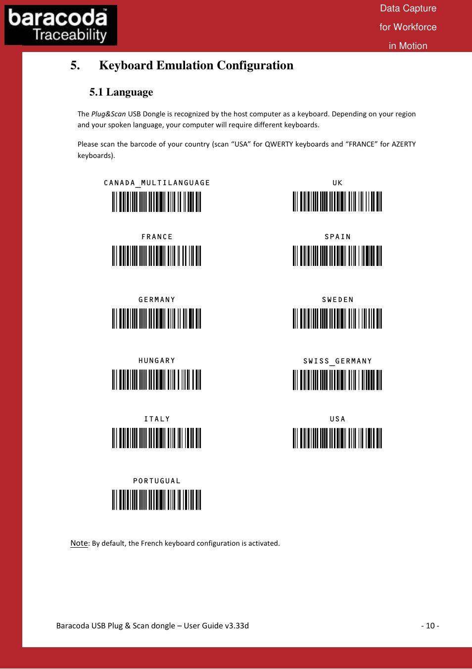 Keyboard emulation configuration, 1 language | Baracoda B40050301 User Manual | Page 10 / 17