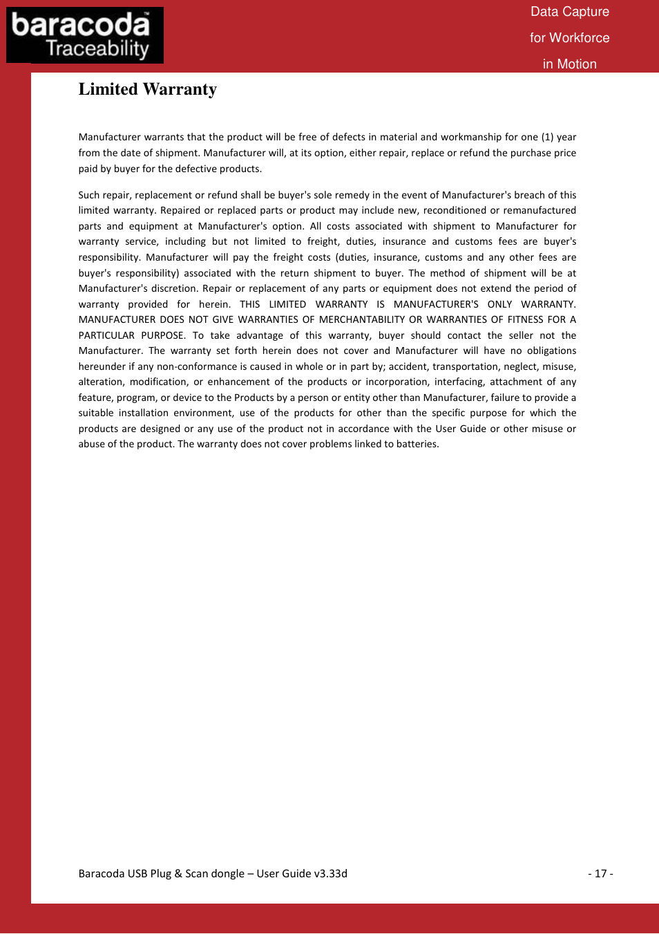 Limited warranty | Baracoda B40050301 User Manual | Page 17 / 17
