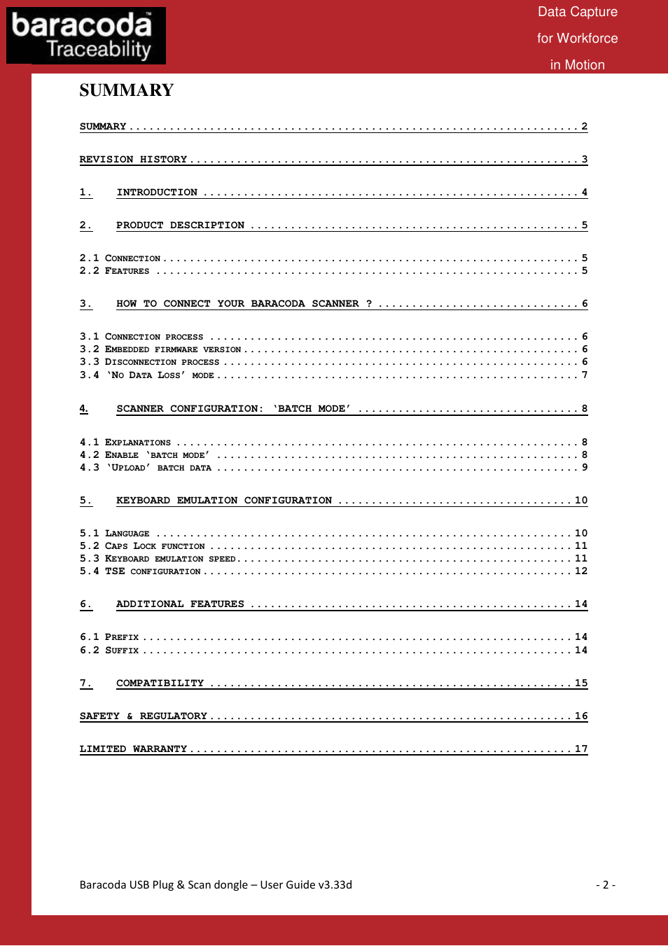 Summary, Data capture for workforce in motion | Baracoda B40050301 User Manual | Page 2 / 17