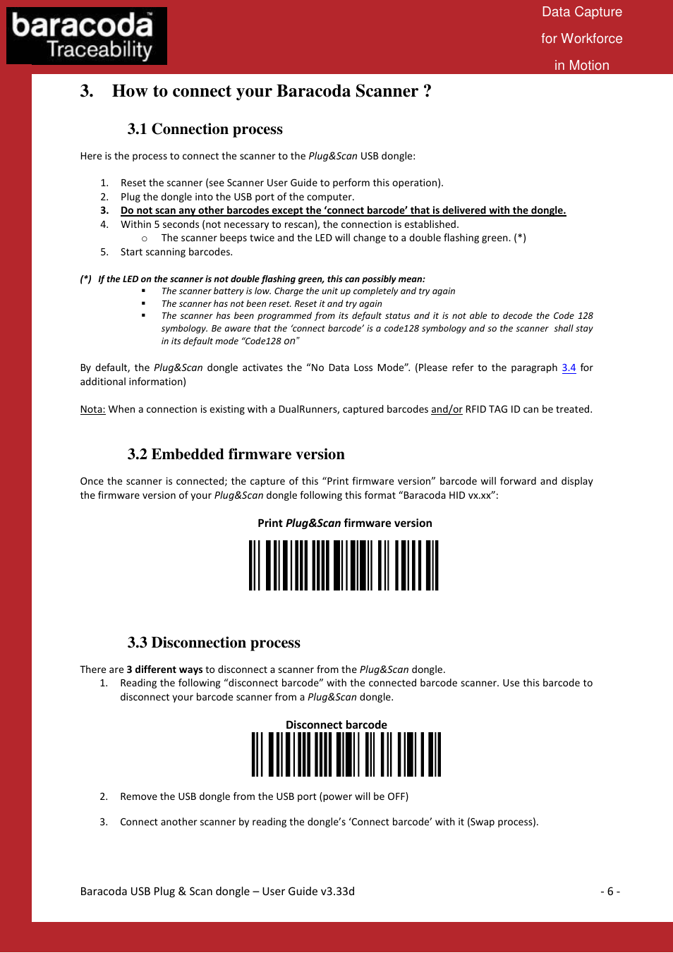 How to connect your baracoda scanner, 1 connection process, 2 embedded firmware version | 3 disconnection process | Baracoda B40050301 User Manual | Page 6 / 17