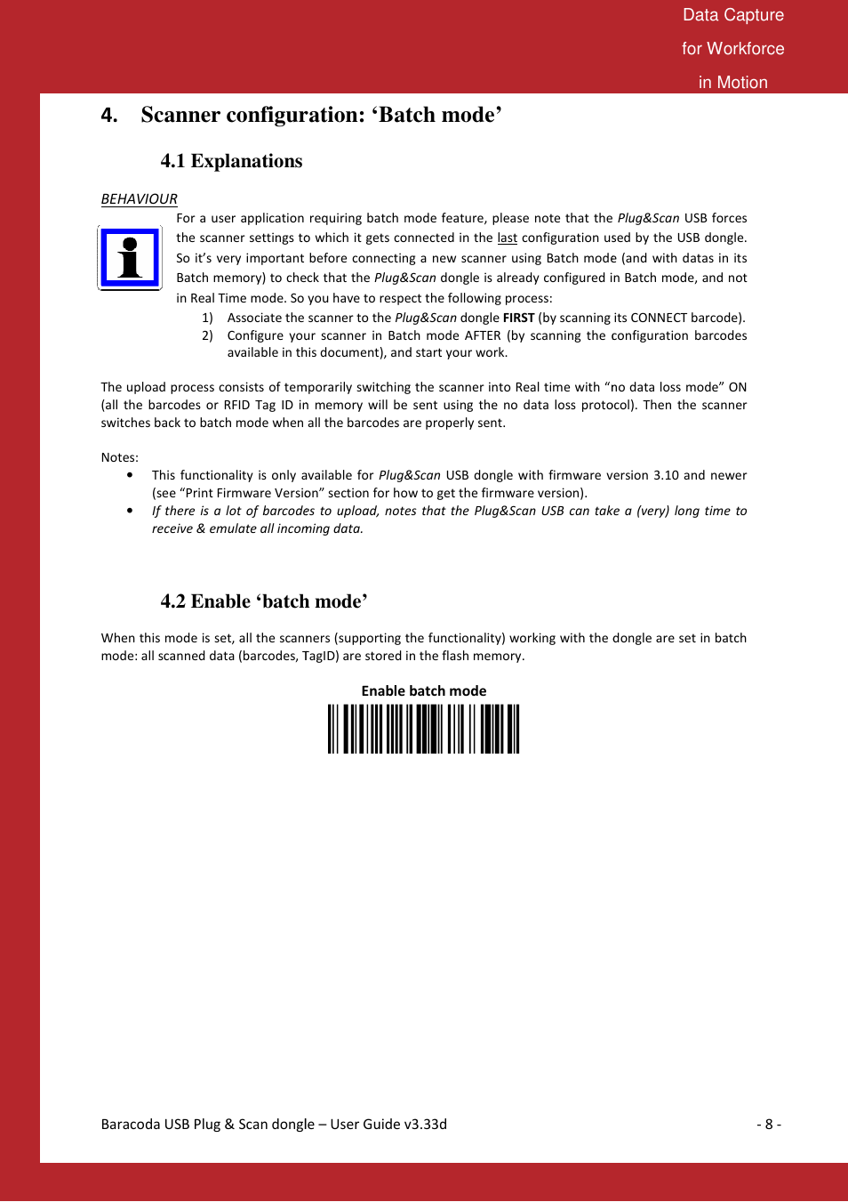 Scanner configuration: ‘batch mode, 1 explanations, 2 enable ‘batch mode | Baracoda B40050301 User Manual | Page 8 / 17