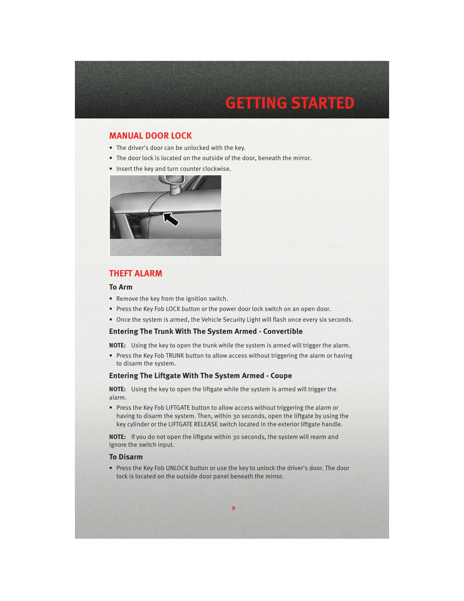 Manual door lock, Theft alarm, To arm | To disarm, Getting started | Dodge 2010 Viper - User Guide User Manual | Page 11 / 80