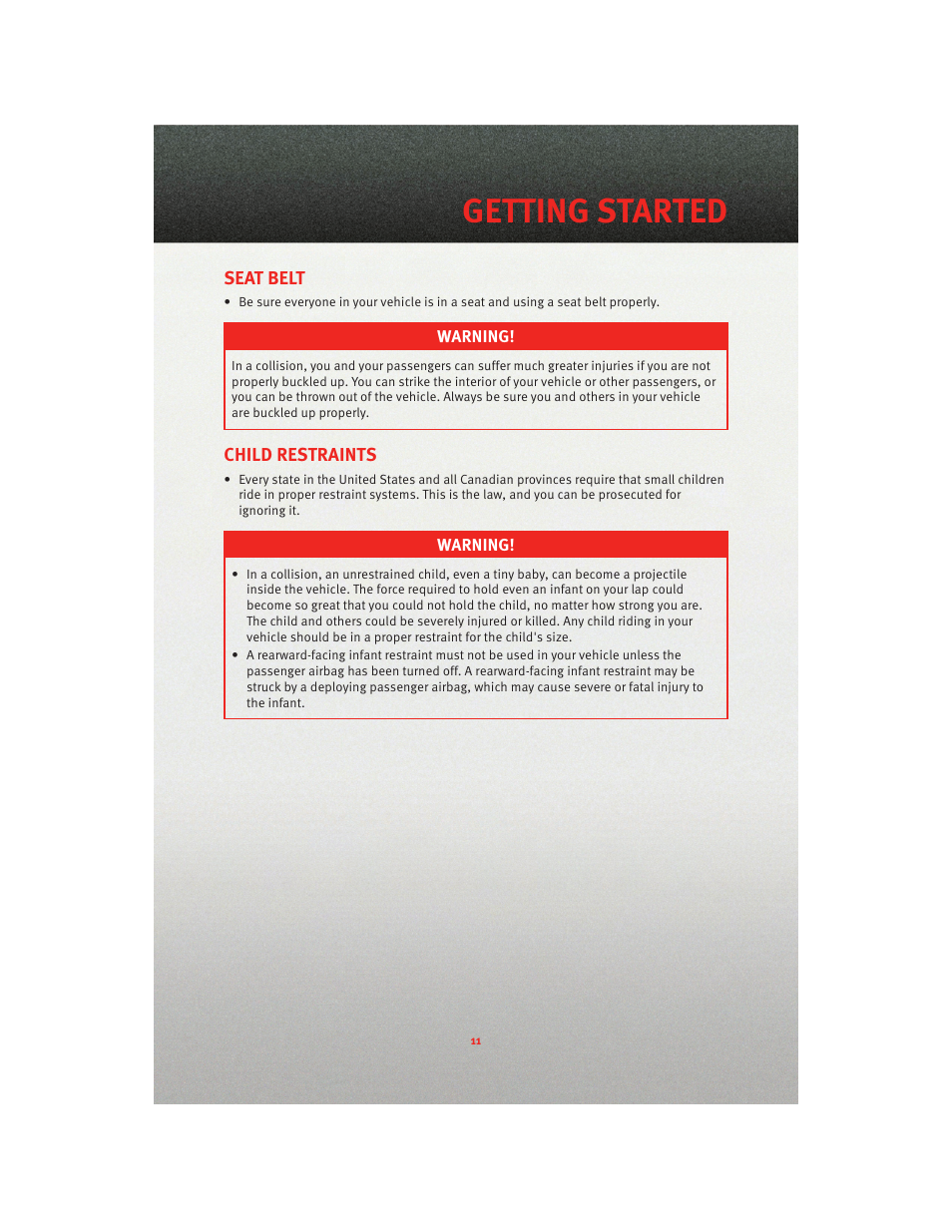 Seat belt, Child restraints, Getting started | Dodge 2010 Viper - User Guide User Manual | Page 13 / 80