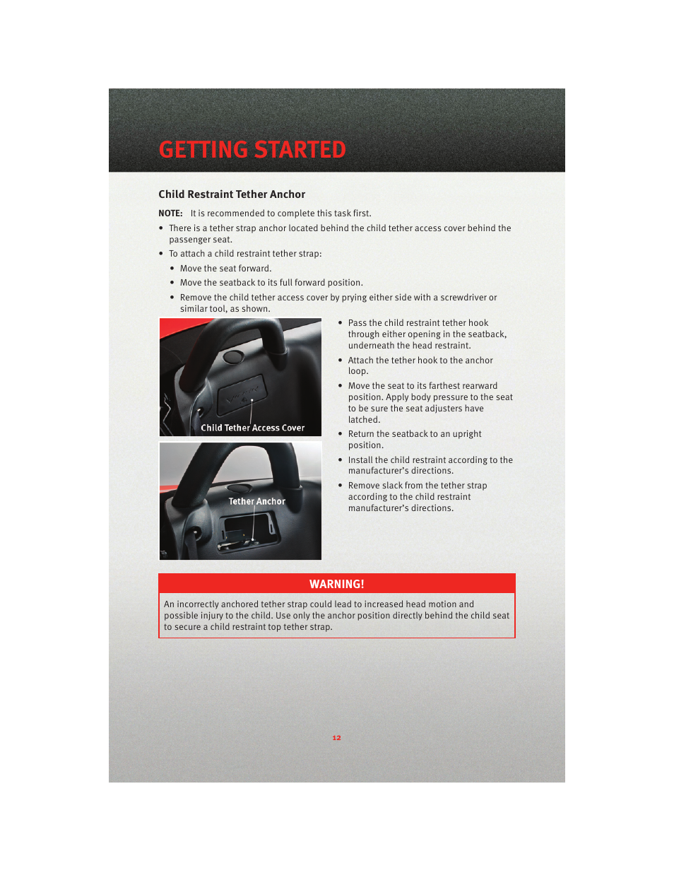 Child restraint tether anchor, Getting started | Dodge 2010 Viper - User Guide User Manual | Page 14 / 80