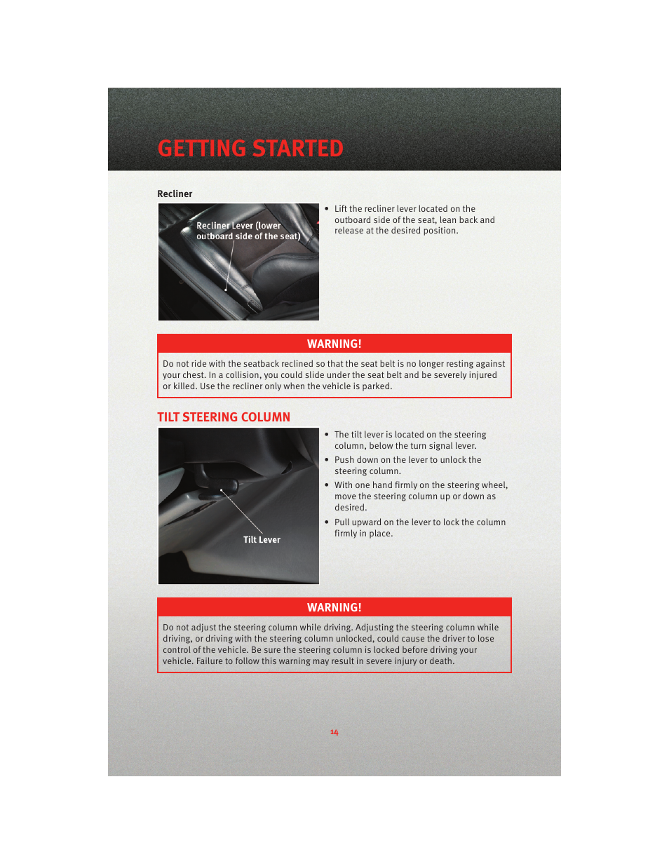 Tilt steering column, Getting started | Dodge 2010 Viper - User Guide User Manual | Page 16 / 80