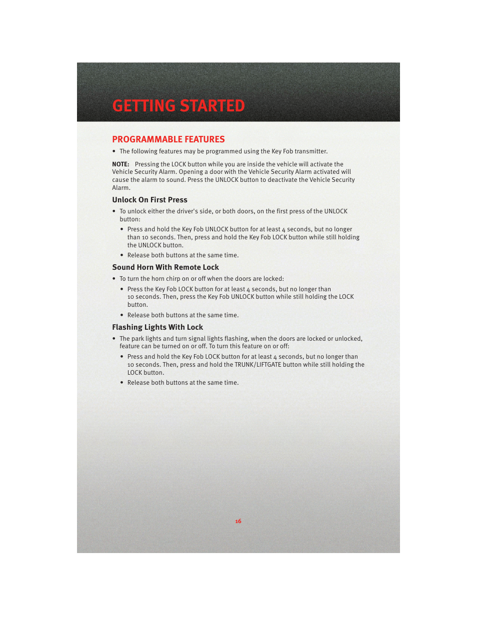 Programmable features, Unlock on first press, Sound horn with remote lock | Flashing lights with lock, Getting started | Dodge 2010 Viper - User Guide User Manual | Page 18 / 80