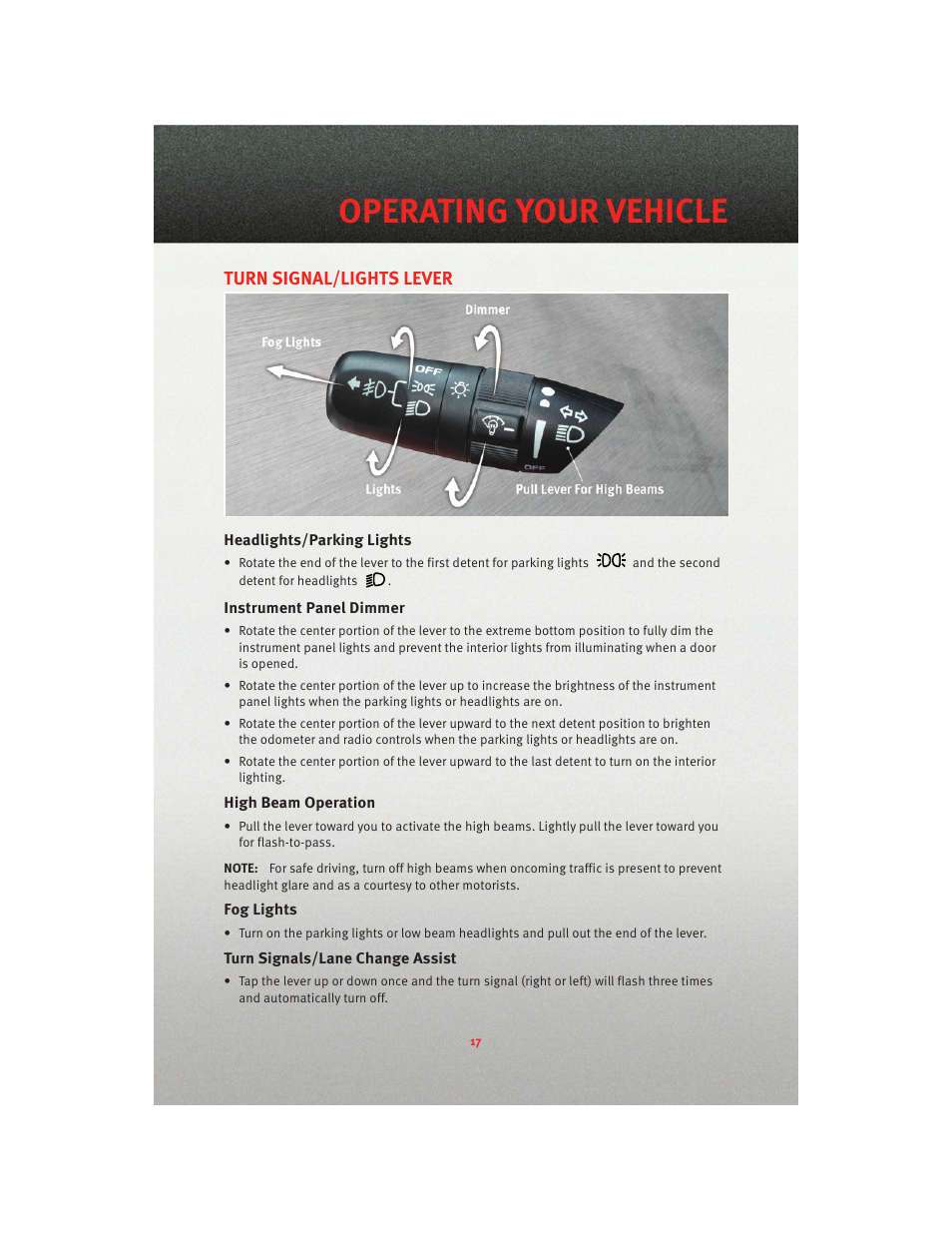 Operating your vehicle, Turn signal/lights lever, Headlights/parking lights | Instrument panel dimmer, High beam operation, Fog lights, Turn signals/lane change assist | Dodge 2010 Viper - User Guide User Manual | Page 19 / 80