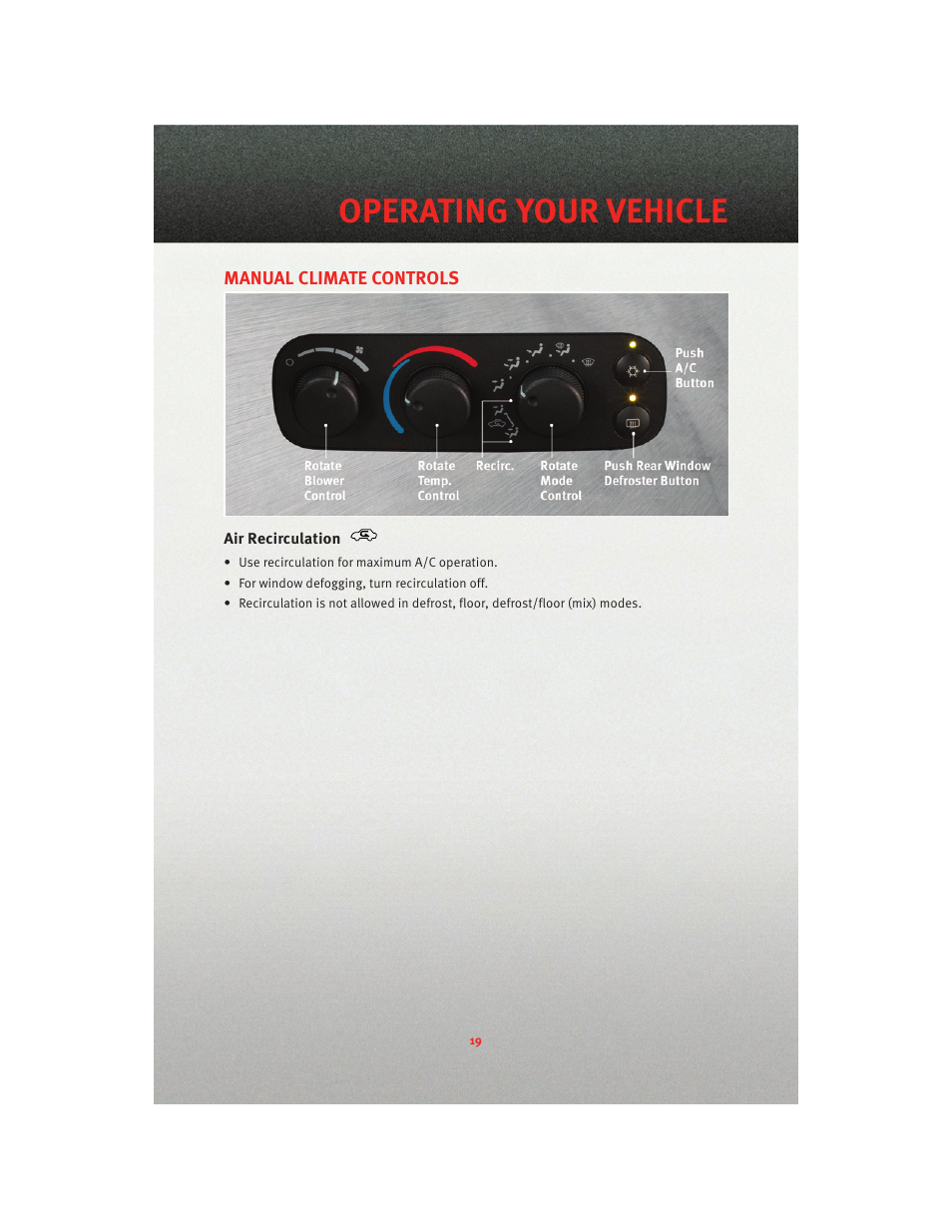 Manual climate controls, Air recirculation, Operating your vehicle | Dodge 2010 Viper - User Guide User Manual | Page 21 / 80