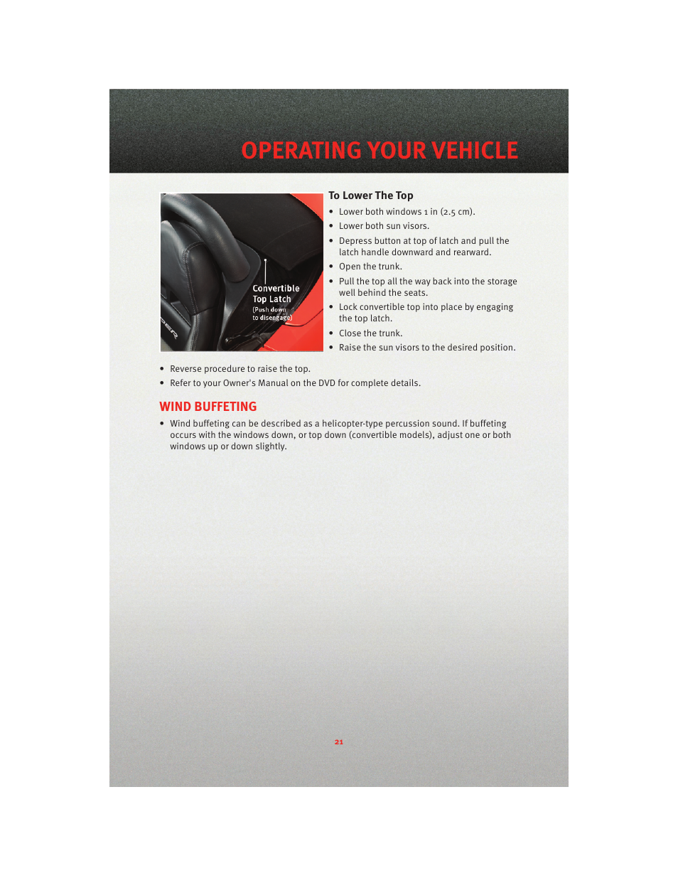 To lower the top, Wind buffeting, Operating your vehicle | Dodge 2010 Viper - User Guide User Manual | Page 23 / 80