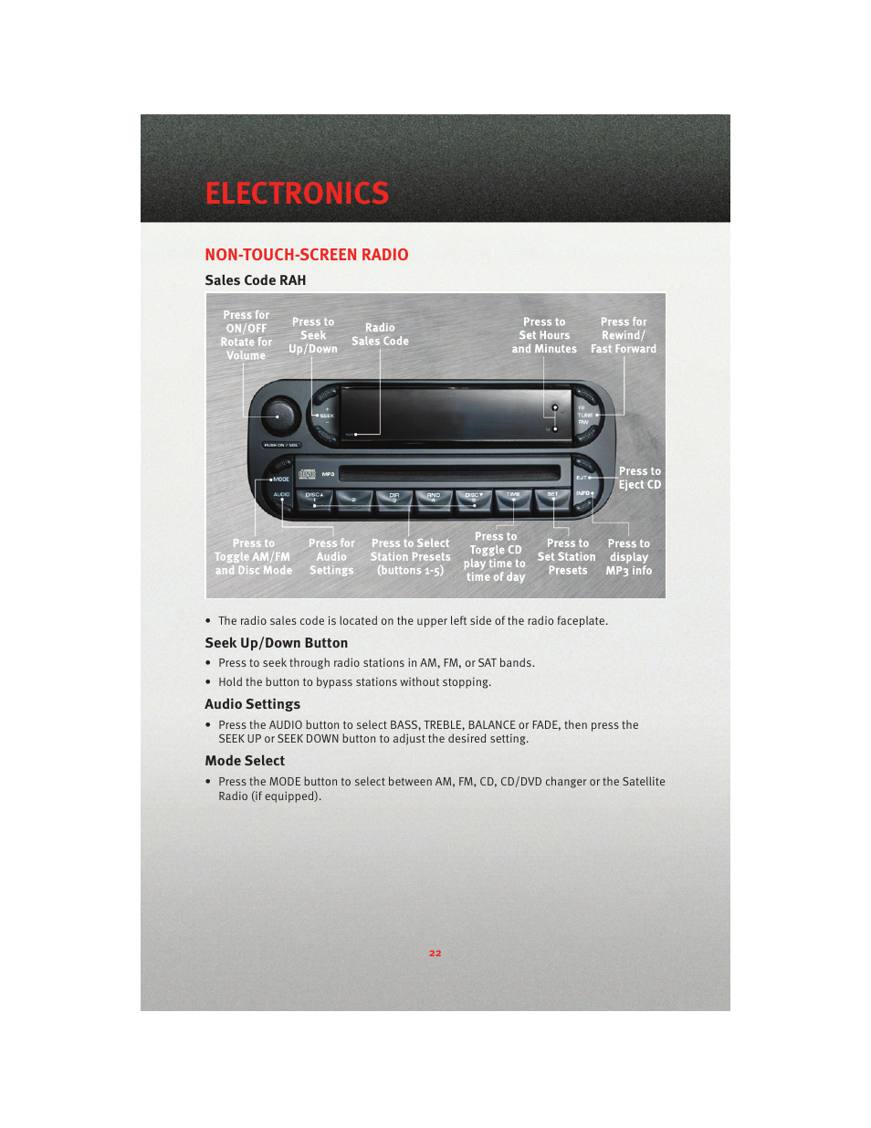 Electronics, Non-touch-screen radio, Sales code rah | Seek up/down button, Audio settings, Mode select | Dodge 2010 Viper - User Guide User Manual | Page 24 / 80