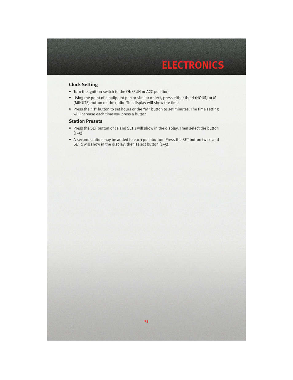 Clock setting, Station presets, Electronics | Dodge 2010 Viper - User Guide User Manual | Page 25 / 80