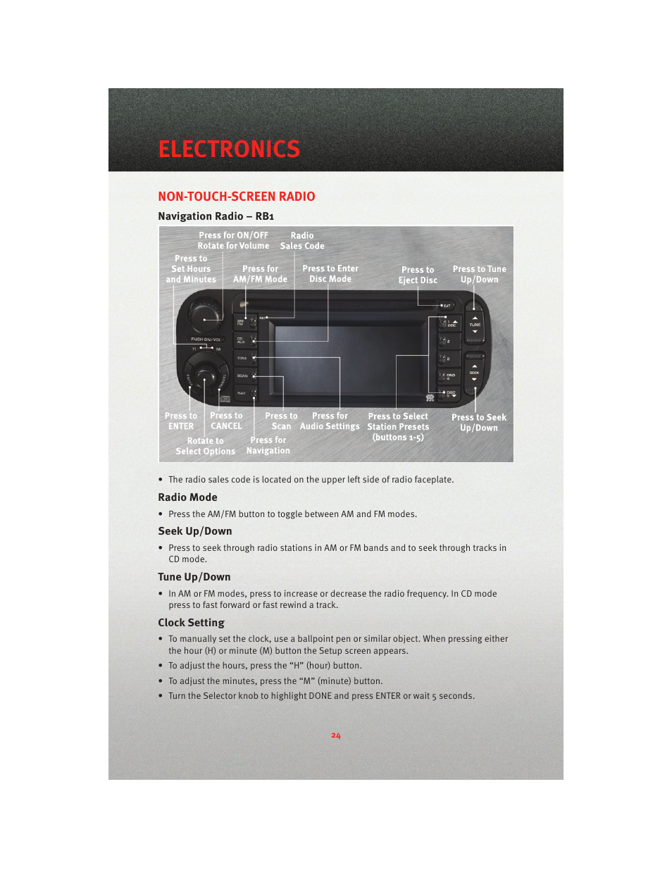Non-touch-screen radio, Navigation radio – rb1, Radio mode | Seek up/down, Tune up/down, Clock setting, Electronics | Dodge 2010 Viper - User Guide User Manual | Page 26 / 80