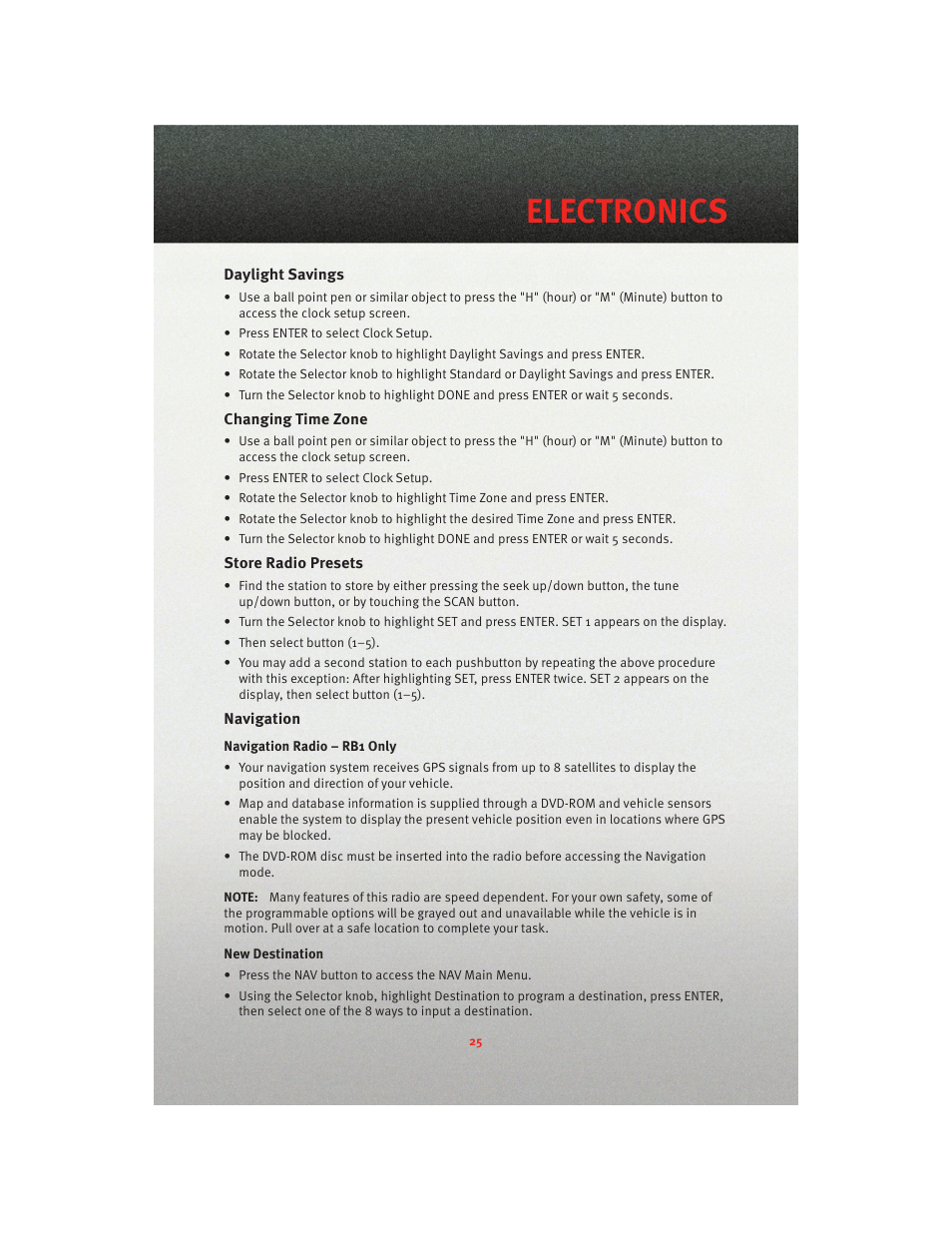 Daylight savings, Changing time zone, Store radio presets | Navigation, Electronics | Dodge 2010 Viper - User Guide User Manual | Page 27 / 80