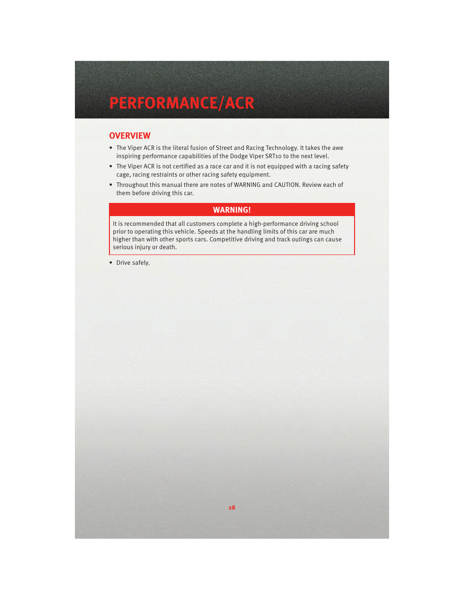 Performance/acr, Overview | Dodge 2010 Viper - User Guide User Manual | Page 30 / 80