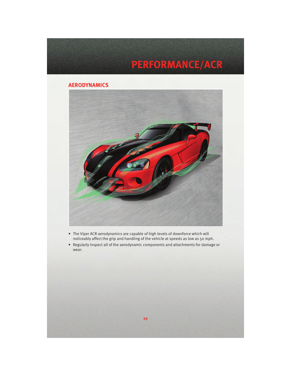 Aerodynamics, Performance/acr | Dodge 2010 Viper - User Guide User Manual | Page 31 / 80