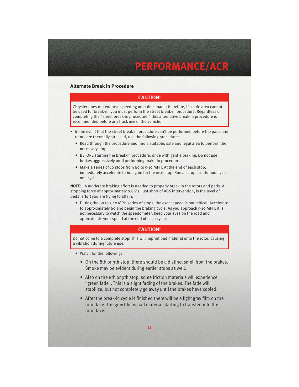 Alternate break in procedure, Performance/acr | Dodge 2010 Viper - User Guide User Manual | Page 37 / 80