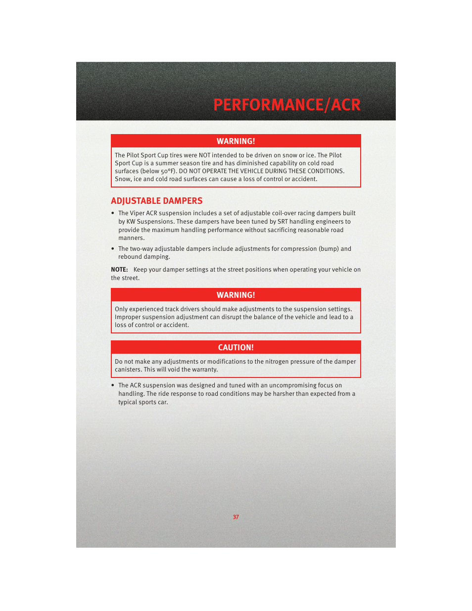 Adjustable dampers, Performance/acr | Dodge 2010 Viper - User Guide User Manual | Page 39 / 80