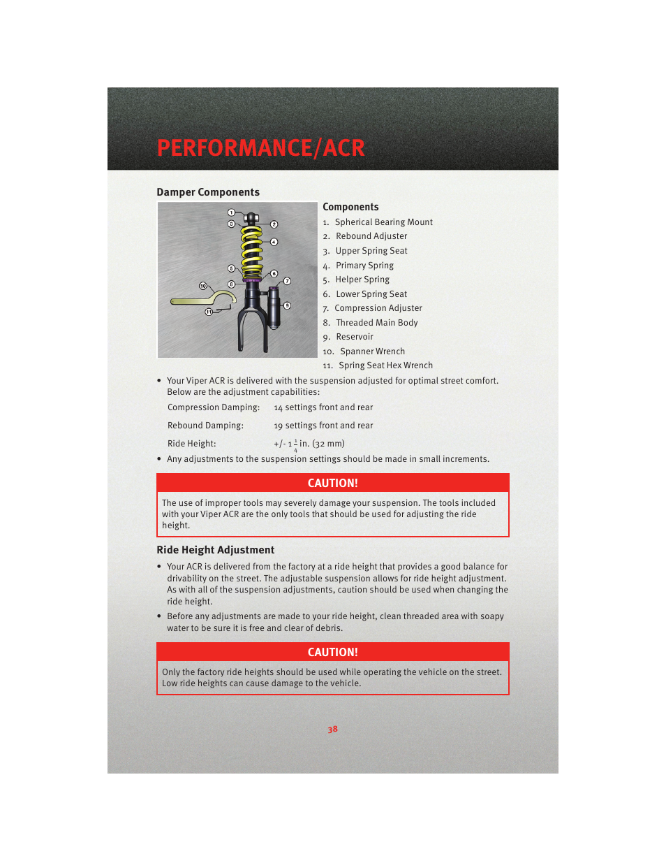 Damper components, Ride height adjustment, Performance/acr | Dodge 2010 Viper - User Guide User Manual | Page 40 / 80