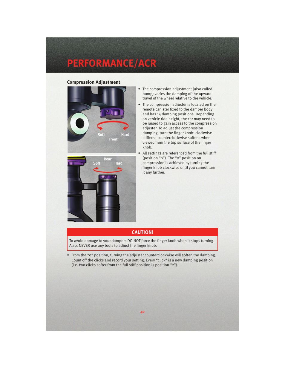 Compression adjustment, Performance/acr | Dodge 2010 Viper - User Guide User Manual | Page 42 / 80