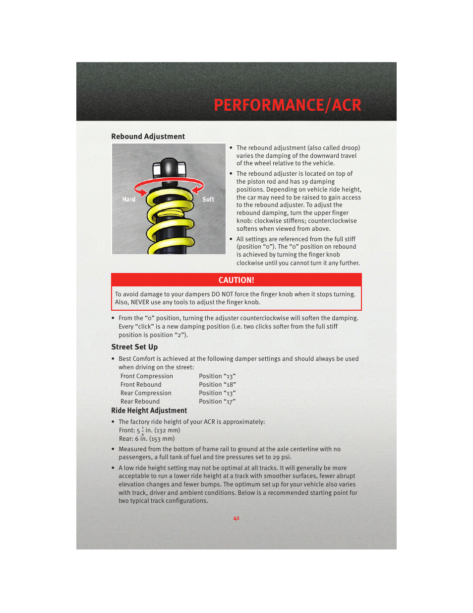 Rebound adjustment, Street set up, Performance/acr | Dodge 2010 Viper - User Guide User Manual | Page 43 / 80