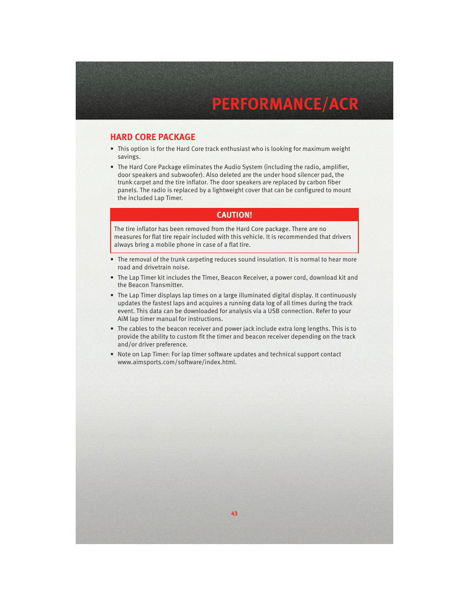 Hard core package, Tuning record, Performance/acr | Dodge 2010 Viper - User Guide User Manual | Page 45 / 80