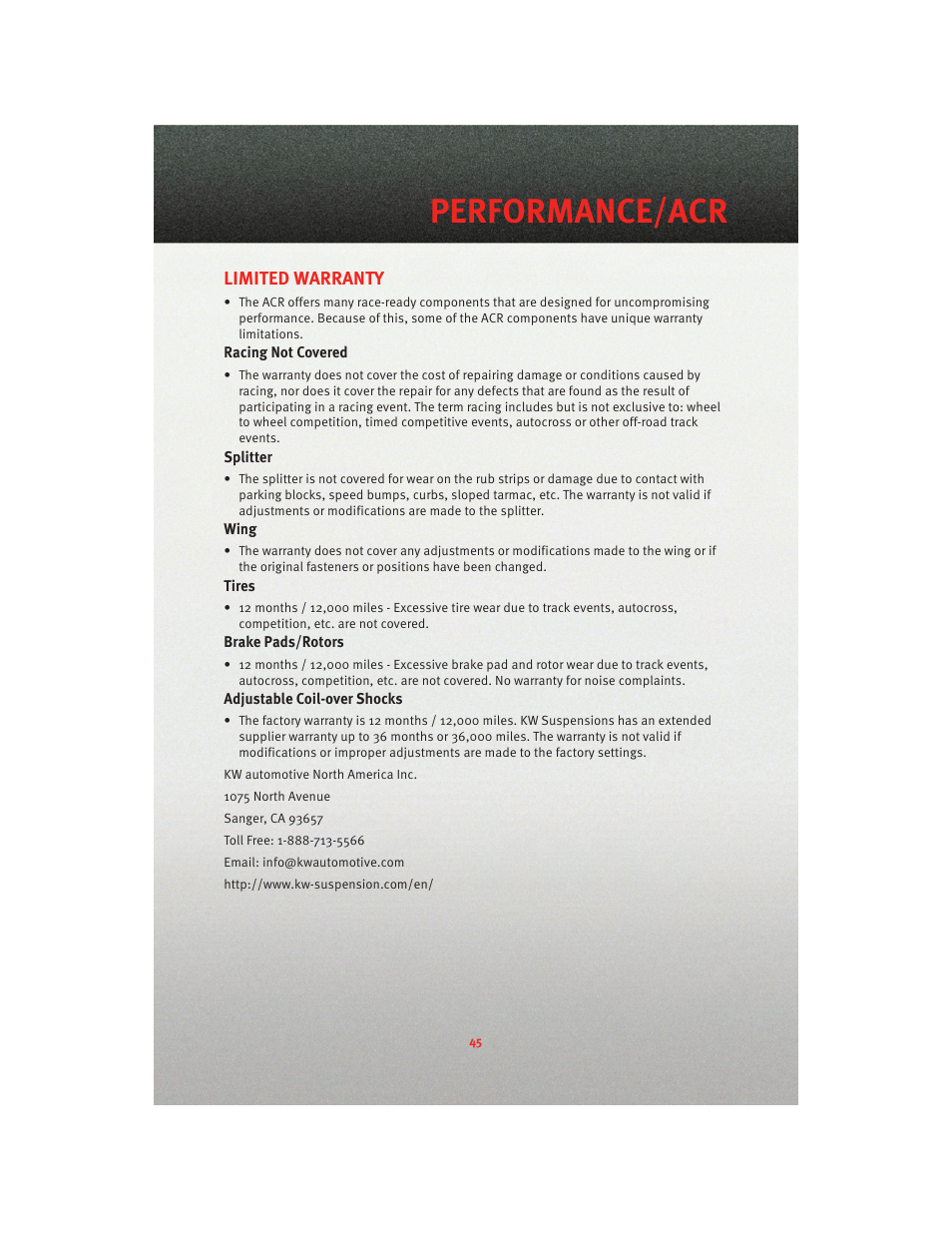 Limited warranty, Performance/acr | Dodge 2010 Viper - User Guide User Manual | Page 47 / 80