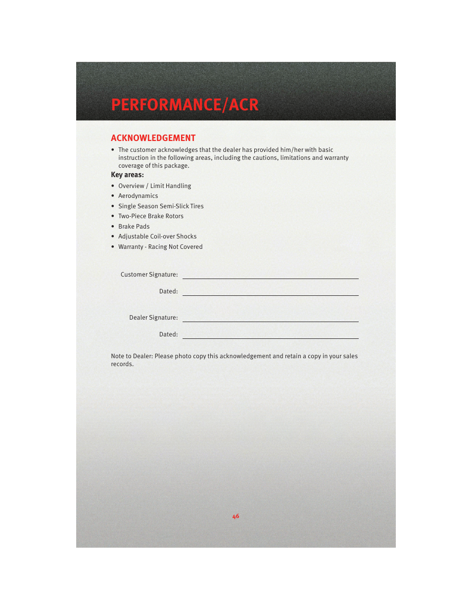 Acknowledgement, Performance/acr | Dodge 2010 Viper - User Guide User Manual | Page 48 / 80