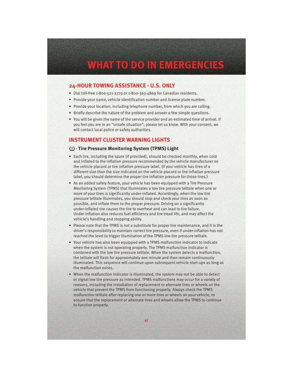 What to do in emergencies, Hour towing assistance - u.s. only, Instrument cluster warning lights | Tire pressure monitoring system (tpms) light | Dodge 2010 Viper - User Guide User Manual | Page 49 / 80