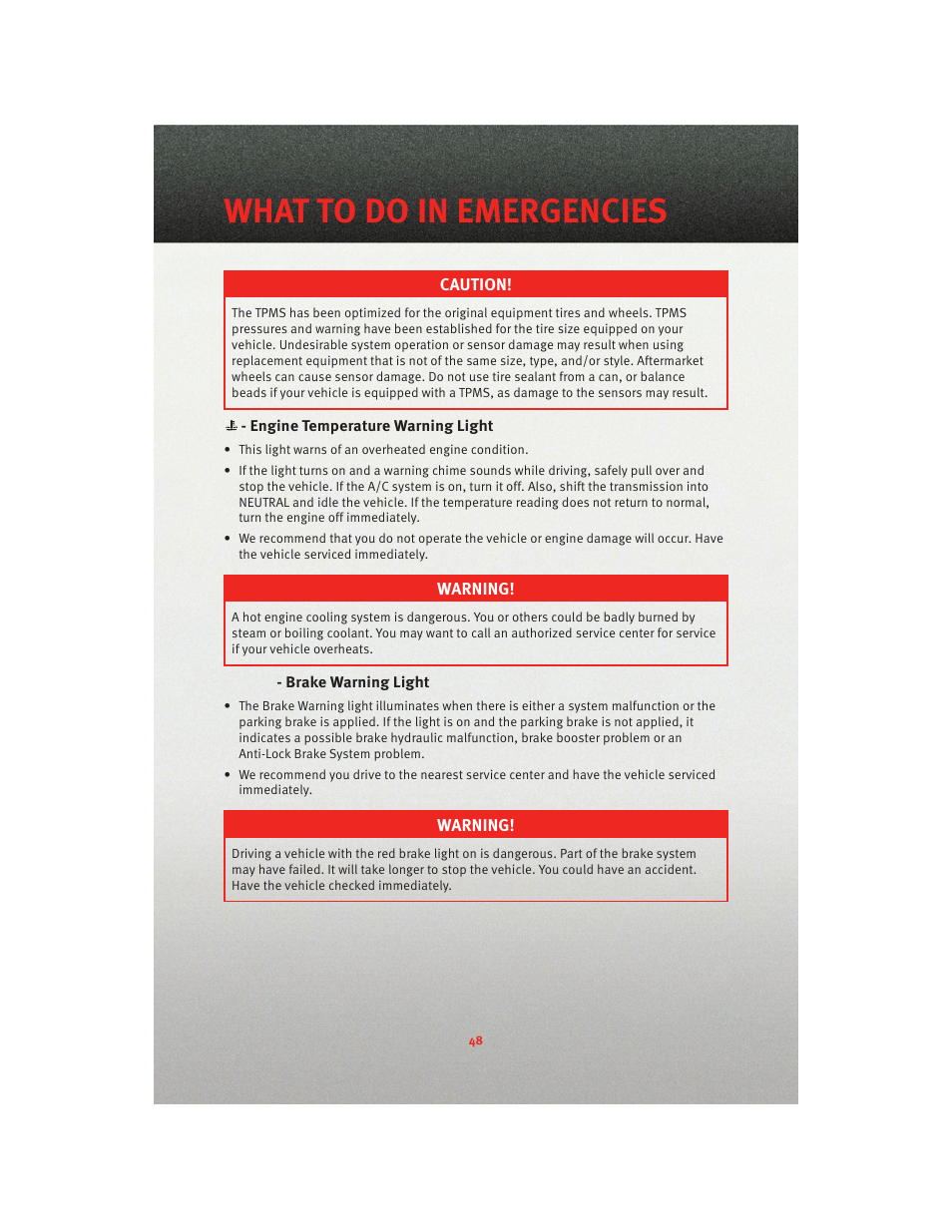 Engine temperature warning light, Brake warning light, What to do in emergencies | Dodge 2010 Viper - User Guide User Manual | Page 50 / 80