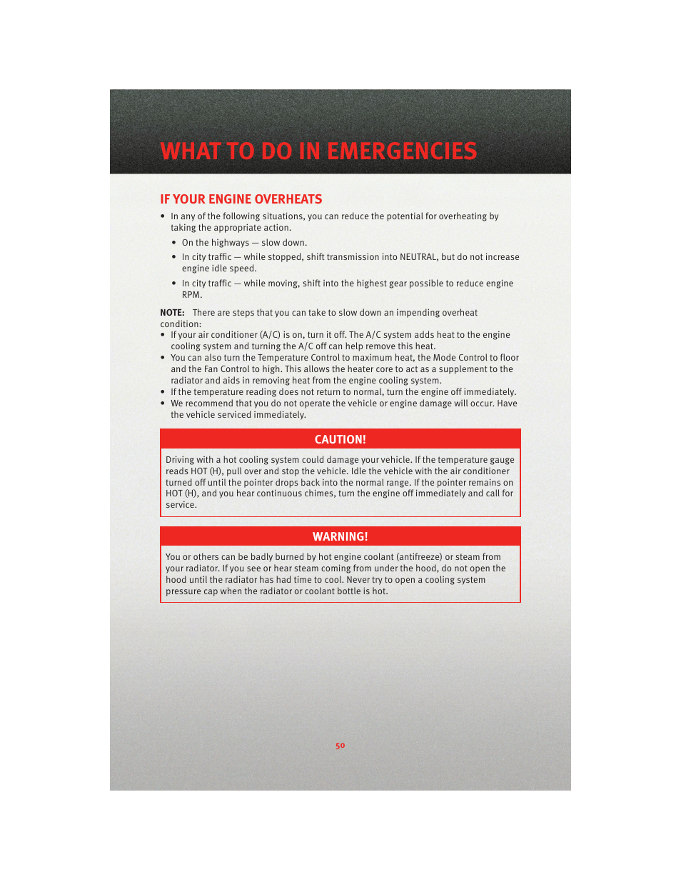 If your engine overheats, What to do in emergencies | Dodge 2010 Viper - User Guide User Manual | Page 52 / 80