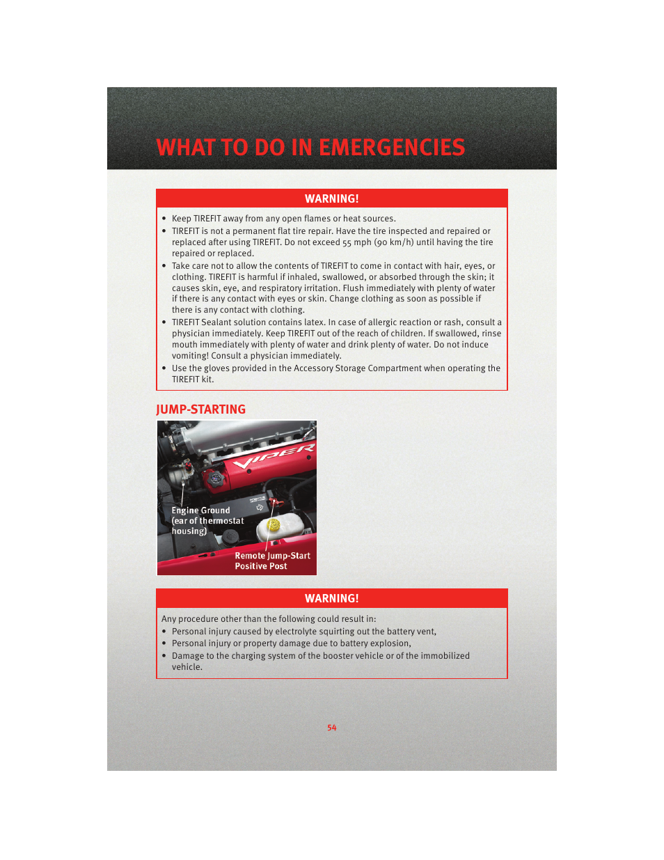 Jump-starting, What to do in emergencies | Dodge 2010 Viper - User Guide User Manual | Page 56 / 80