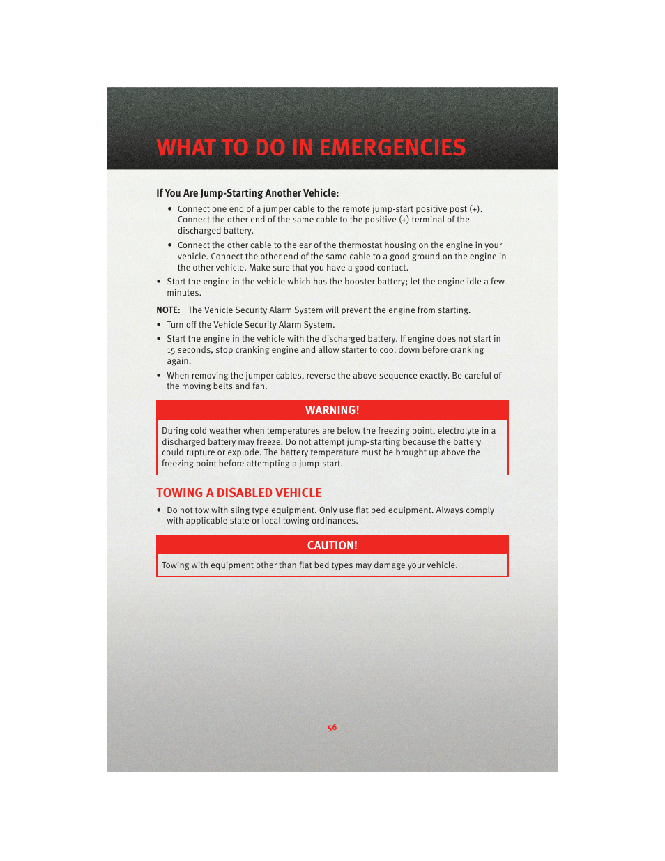 Towing a disabled vehicle, What to do in emergencies | Dodge 2010 Viper - User Guide User Manual | Page 58 / 80