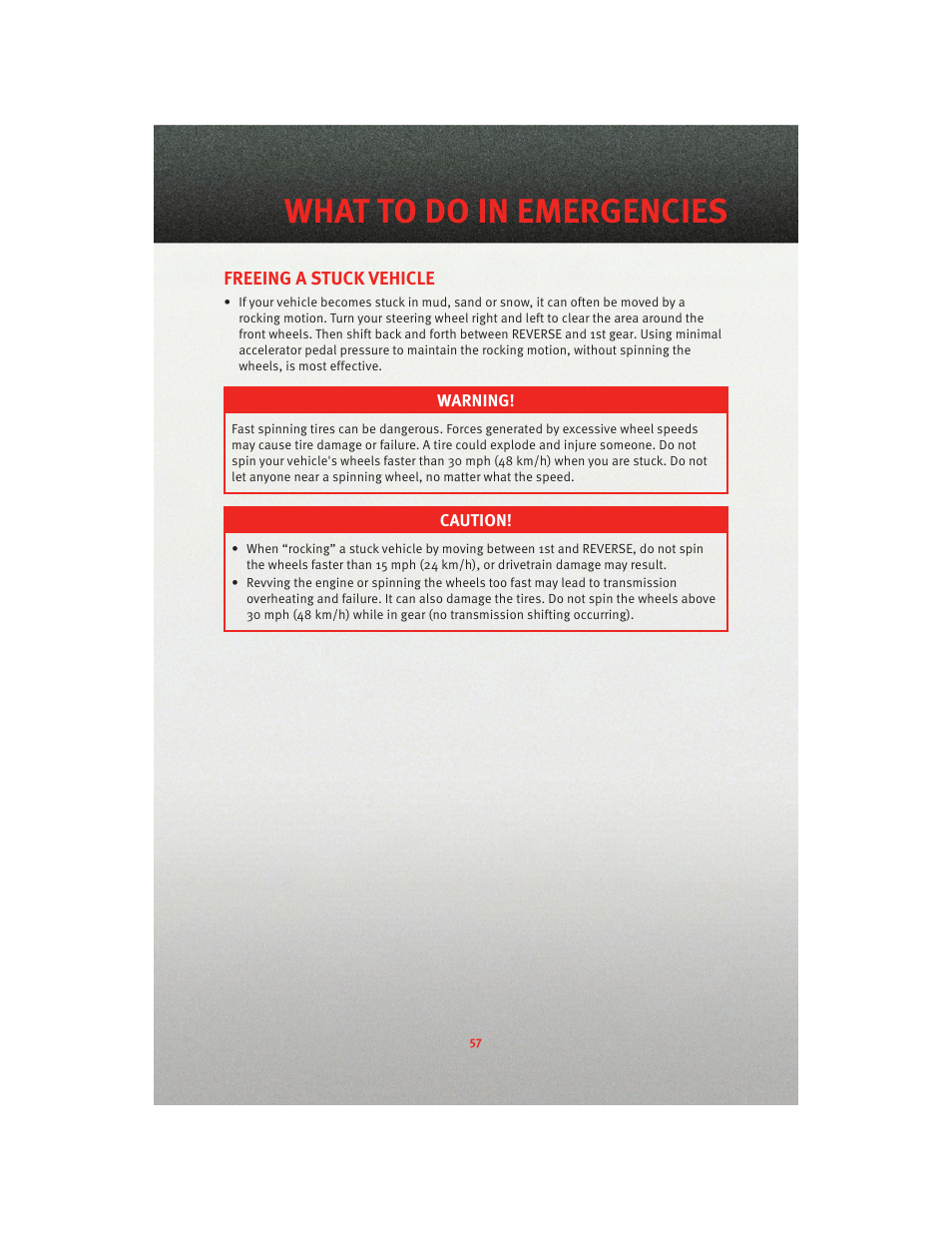 Freeing a stuck vehicle, What to do in emergencies | Dodge 2010 Viper - User Guide User Manual | Page 59 / 80