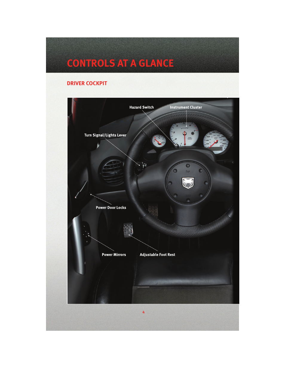 Controls at a glance, Driver cockpit | Dodge 2010 Viper - User Guide User Manual | Page 6 / 80