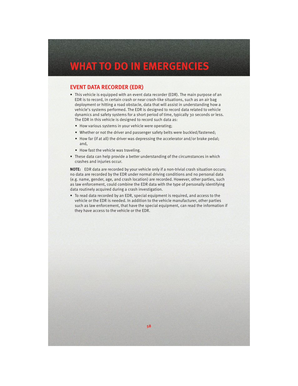 Event data recorder (edr), What to do in emergencies | Dodge 2010 Viper - User Guide User Manual | Page 60 / 80