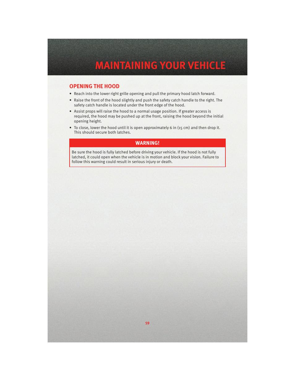 Maintaining your vehicle, Opening the hood, Engine compartment | Dodge 2010 Viper - User Guide User Manual | Page 61 / 80
